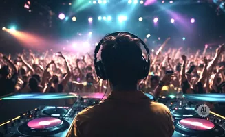 DJ with headphones plays music for a cheering crowd in a dimly lit club with colorful lights.