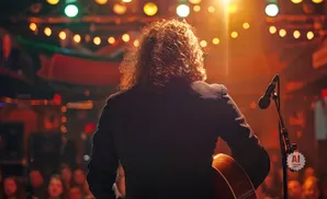 Musician with curly hair plays guitar on stage with a microphone and audience in the background.