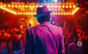Man in a fedora and suit stands with his back to the camera, facing a crowd and bright stage lights.