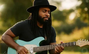 Man with dreadlocks and a hat plays a teal electric guitar outdoors.