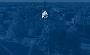 Aerial view of Drake University campus with bulldog mascot logo.