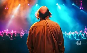 Man with a receding hairline wearing a brown shirt stands on a stage, facing a blurred audience under colorful stage lights.
