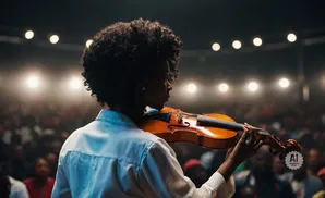 A Black woman plays the violin on stage in front of a blurry audience, illuminated by spotlights.