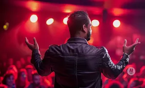 Man in leather jacket with arms outstretched on a stage, lit by red spotlights.