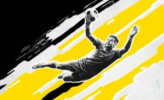 A soccer goalie leaps to catch a ball against a dynamic black and yellow background.