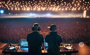 Two DJs with headphones play a massive outdoor concert crowd under a sky of bright lights.