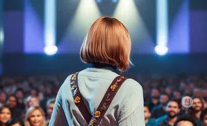 Woman with bob haircut facing away from camera, speaking to a large audience in a venue with bright stage lights.