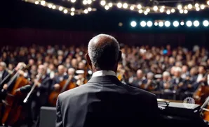 Back of conductor in a suit leading an orchestra with an audience behind them.