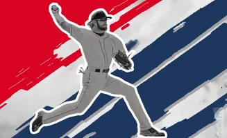 A baseball pitcher in mid-throw with a red, white, and blue striped background.