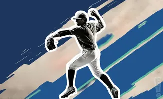 Baseball pitcher in mid-throw, silhouetted against a blue and tan abstract background with stylized lines.