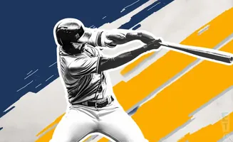 A black and white baseball player swings a bat against a colorful blue and yellow background.