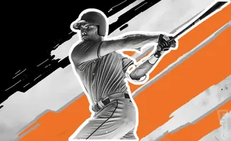 A baseball player in mid-swing, with a stylized black, orange, and white background.