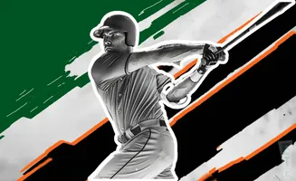 Black and white image of a baseball player swinging a bat against a background with green, white, and orange stripes.