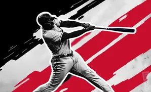 A baseball player swings a bat against a red and black background.