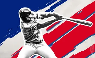A baseball player in mid-swing against a red, white, and blue backdrop.