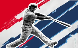 A baseball player swings a bat against a backdrop of red and blue abstract strokes.