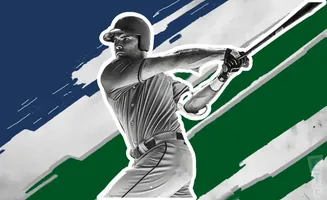 A black and white image of a baseball player swinging a bat against a backdrop of blue, green, and white stripes.