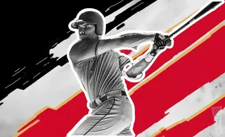 A black and white baseball player swings a bat against a vibrant red, white, and black background.