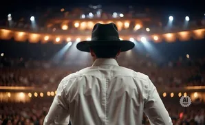 A man in a white shirt and black hat stands on a stage facing a packed audience.