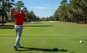 Golfer in red shirt and grey pants swings club on a golf course with trees and a building in the background.