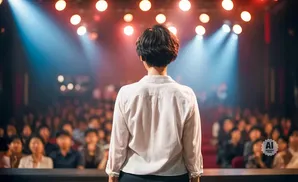 A person stands on a stage facing an audience, illuminated by stage lights.