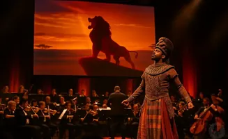 A man in costume stands before a screen showing a lion silhouette on Pride Rock, with an orchestra playing behind him.