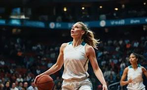 A female basketball player dribbles the ball on a court, looking up intently.