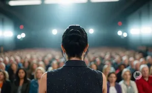A woman with her hair in a bun faces a large, blurred audience.