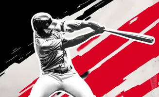 A baseball player swings a bat against a background of black, red, and white stripes.
