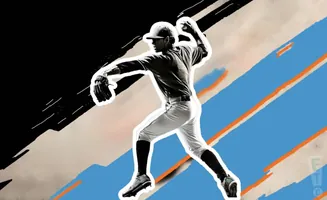 A baseball pitcher in mid-throw, silhouetted against a stylized background of black, tan, and blue diagonal lines.