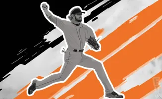 A baseball pitcher leaps in mid-air, mid-pitch, against a striking black and orange background.