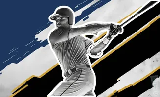Black and white image of a baseball player swinging a bat with stylized blue, yellow, and black background.