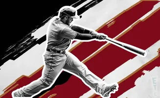 A baseball player swings a bat against a red and black abstract background.