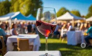 A glass of red wine swirls in the foreground, with a blurred outdoor event with tents and people in the background.