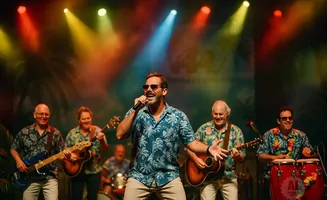 A band performs on stage with colorful lights and tropical-themed shirts.