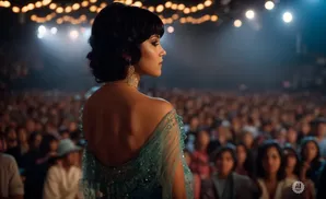 Woman in a sparkly blue dress on stage facing a large, blurred audience.