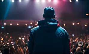 Man in a blue jacket and cap wearing headphones stands with back to camera facing a cheering crowd at a concert.