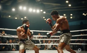 Two boxers in a ring, silhouetted by spotlights, facing each other.