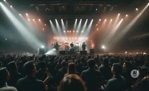 A band performs on a stage with bright spotlights, to a large, dark audience.