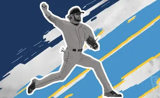 A baseball player in mid-air, throwing a pitch, against a stylized blue and white background with yellow stripes.