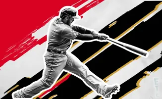 Baseball player swinging a bat against a background of red, black, and white diagonal stripes.