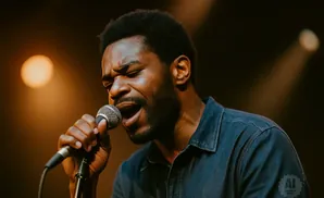A man with his eyes closed sings passionately into a microphone on stage.
