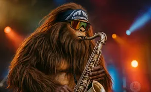 A Bigfoot with a bandana and sunglasses plays a saxophone.