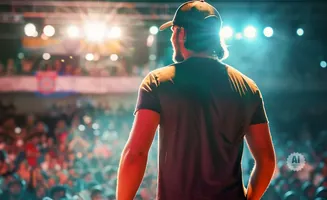 Man in a baseball cap on stage, back to camera, facing a cheering crowd under bright lights.