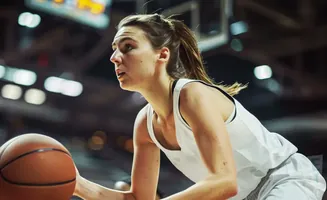 A female basketball player in a white jersey dribbles a ball on a court.