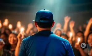Back of a person in a blue cap facing a crowd holding up lights.
