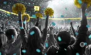 Crowd cheers with yellow pom-poms as blue confetti falls.