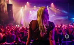A woman with blonde hair faces a cheering crowd at a concert.