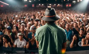 Man in hat and green shirt facing a cheering crowd at a concert.