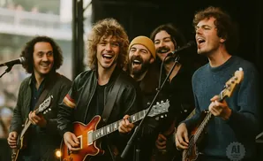 A band performs on stage, with five men playing guitars and singing.